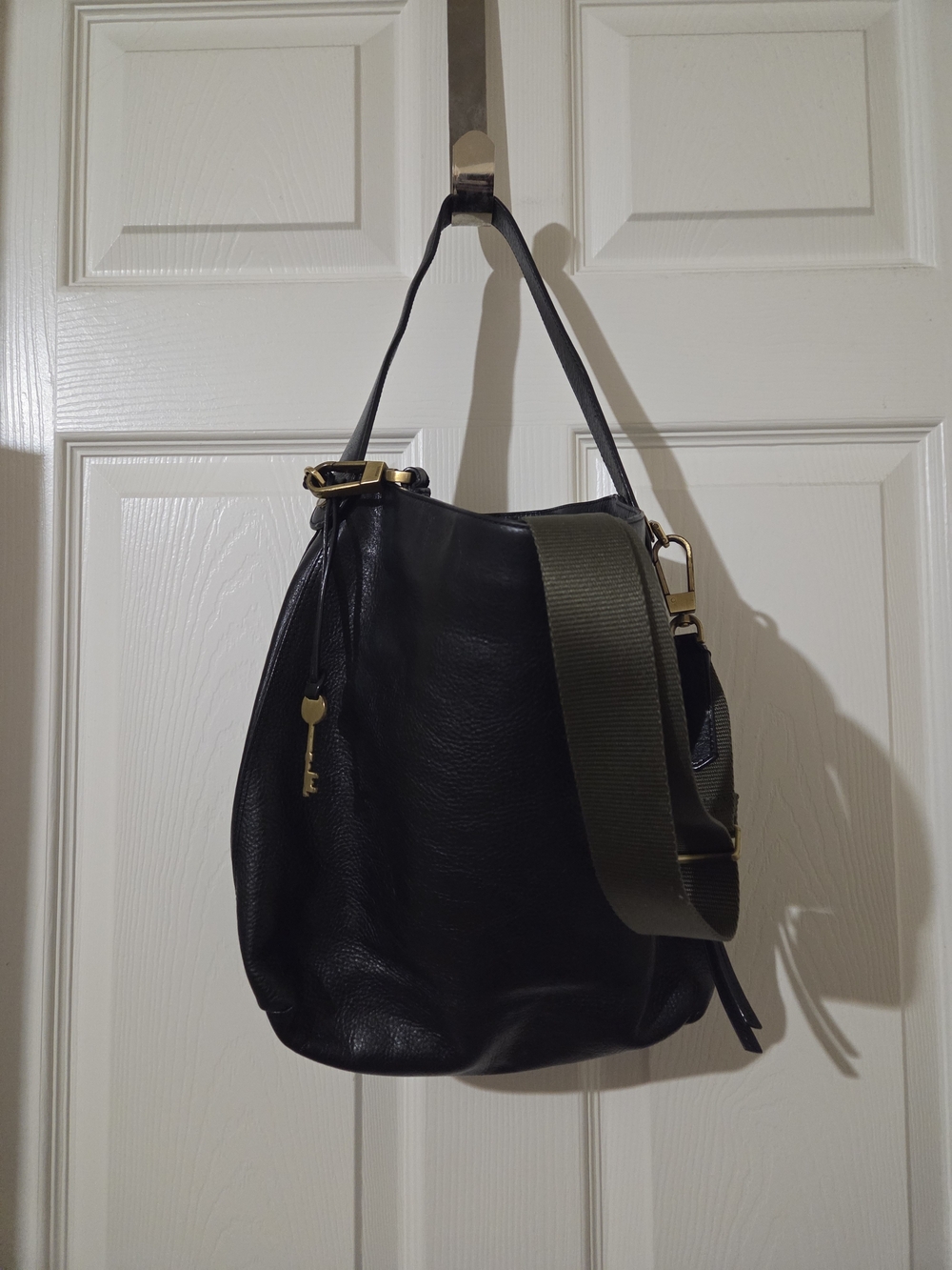 Fossil Black Leather Shoulder Bag with Olive Green Strap